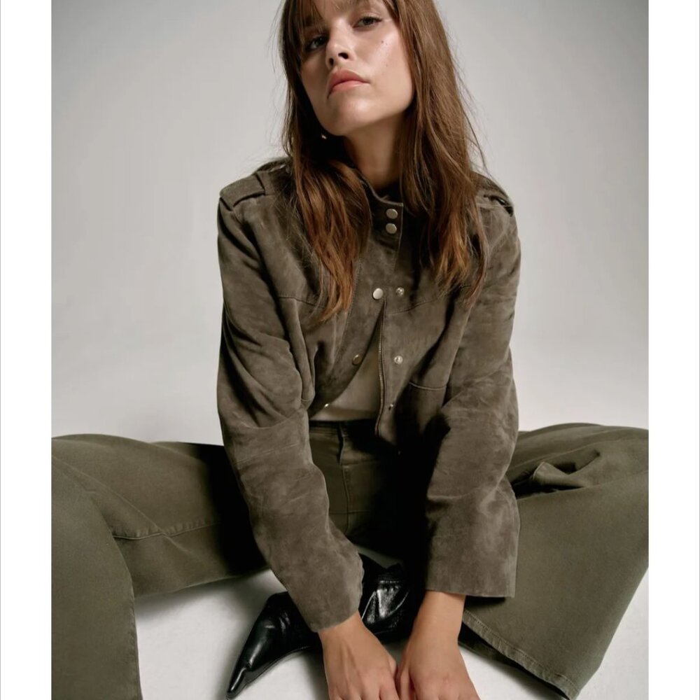 Alfani Leather Suede Short Boho Biker Standup Neck Jacket Dark Olive Green - Picture 14 of 14